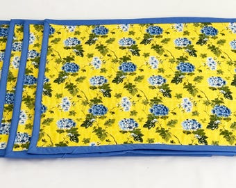Placemats Quilted Blue Floral & Yellow Reversible Cotton – Farmhouse Cottage Kitchen Decor - Handmade
