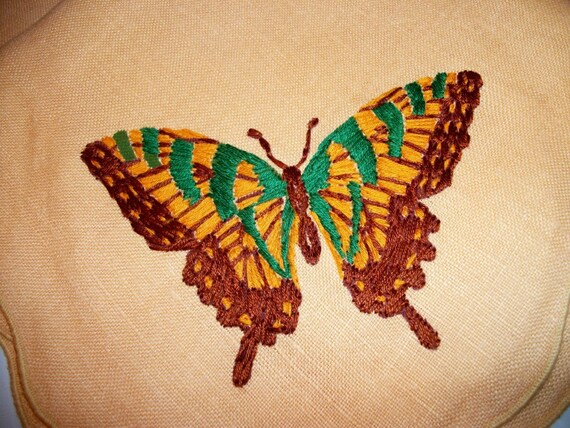Hand embroidered table napkins, set of six butterflies and orange flowers