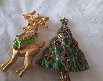 Vintage Christmas pins, JJ Jonette tree, gold tone reindeer