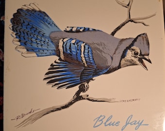 Screencraft hand decorated  tile Yarmouth, Massachusetts R Brooks, Blue Jay.