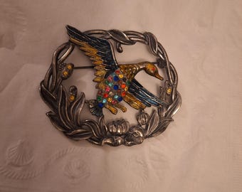 Vintage duck brooch, rhinestones,  unmarked, silver, free shipping