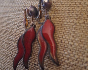 Vintage copper and enamel red chile pepper clip on earrings