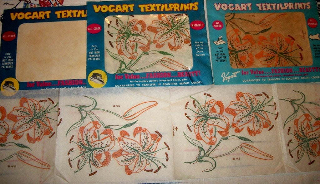Vogart Textilprints vintage all color transfers Tiger Lilies,lot of  three pkg. Free Shipping