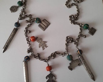 Vintage teachers charm necklace silver plated chain and charms wood beads SALE!