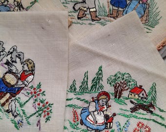 Fairy tale embroidered child's hankies, Red Riding Hood, Puss in Boots etc