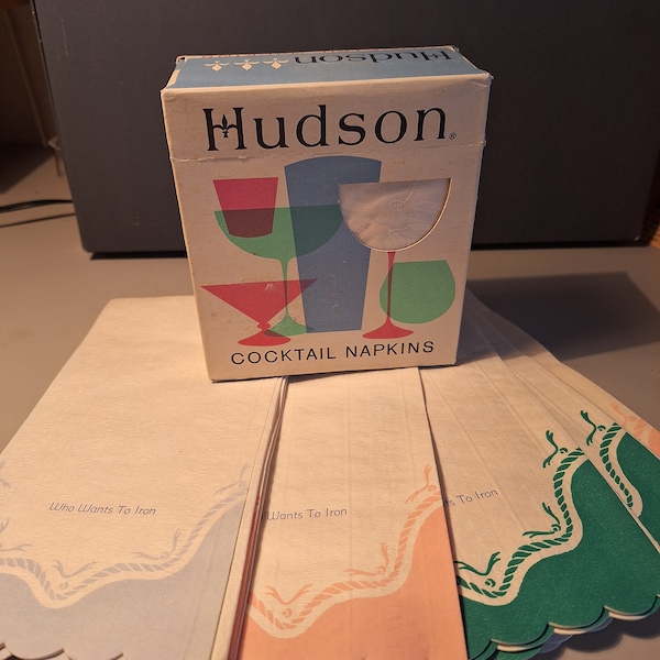 Vintage unopened box, Hudson cocktail napkins damask 1950s plus vintage paper guest towels