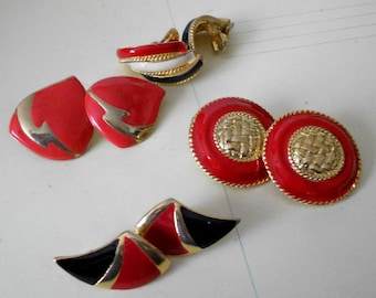 vintage red/gold tone clip on earrings lot of four pair. Free Shipping