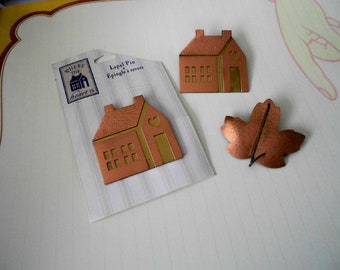Hallmark copper brooches, lot of three , copper/ brass houses, maple leaf pin. SALE PRICE