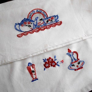 Hand embroidered tea towels, anthropomorphic dishes, set of two, vintage pattern