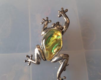 Silver tone frog pin with abalone, bale