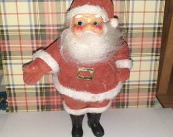Vintage flocked Santa Claus Celluloid face fluffy beard welcoming hand,  sale price