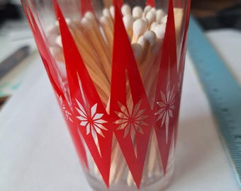 Jeannette Glass mid-century tumbler, atomic red, repurposed match holder