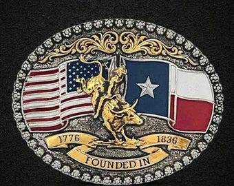 モンタナ・シルバースミス社製 ブルライダー USA & テキサス州旗 ベルトバックル 新品タグ付き