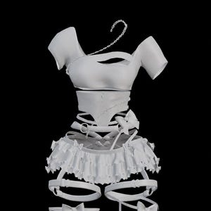 May include: A white two-piece outfit consisting of a short-sleeved crop top with a cutout neckline and a ruffled mini skirt. The set features decorative silver chains, multiple straps, and small bows attached to the skirt and leg garter accessories.
