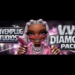 Puede incluir: Una figura de muñeca estilizada con cabello trenzado plateado, gafas rosas y un grill, vistiendo una sudadera rosa y collares de diamantes en capas. La imagen muestra el texto FIVEPLUG STUDIOS y VVS DIAMOND PACK con un icono de enchufe.