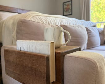 Reclaimed Ipe Hardwood Couch Armrest Coffee Table with Book Holder – Modern Minimalist Sofa Tray