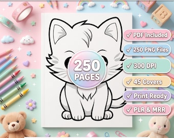 Kawaii Baby Animal Coloring Book, 250 Bold & Easy Pages, PLR and MRR Included