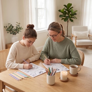 May include: Two people are coloring intricate floral designs on paper at a wooden table. Colored pencils, a candle, and a cup of tea are also on the table. The text "Perfect for Adults & Teens" is at the top of the image.