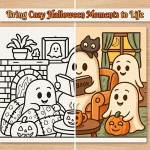 May include: A split-screen coloring page titled Bring Cozy Halloween Moments to Life, featuring a black-and-white line art side and a colored side. The scene shows three ghosts, a black cat, a fireplace, and pumpkins in a living room setting.