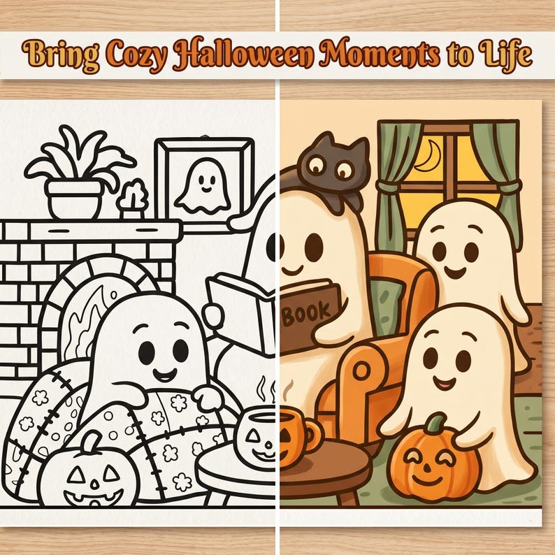 May include: A split-screen coloring page titled Bring Cozy Halloween Moments to Life, featuring a black-and-white line art side and a colored side. The scene shows three ghosts, a black cat, a fireplace, and pumpkins in a living room setting.