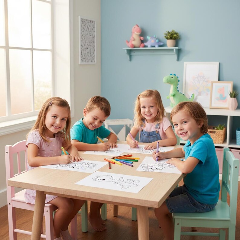 May include: Four children seated around a light wood table, coloring on paper with markers. The room has a light blue wall, a window, and decorative items like dinosaur toys and a shelf. The children are smiling and engaged in their activity.