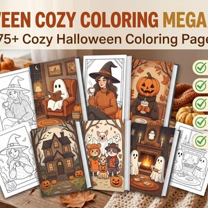 May include: A digital Halloween coloring bundle featuring 375+ pages across 8 sets. The display shows various illustrations of ghosts, witches, and pumpkins in PDF, PNG, and JPG formats. Includes PLR and MRR rights with unlimited printing options.