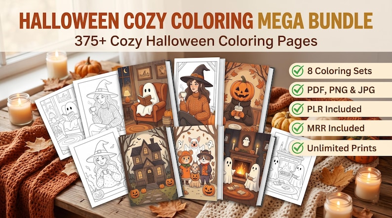 May include: A digital Halloween coloring bundle featuring 375+ pages across 8 sets. The display shows various illustrations of ghosts, witches, and pumpkins in PDF, PNG, and JPG formats. Includes PLR and MRR rights with unlimited printing options.