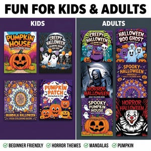 May include: A collection of Halloween-themed coloring books for kids and adults. The books feature illustrations of pumpkins, ghosts, skeletons, mandalas, and horror characters. The text includes titles like Pumpkin House, Creepy Halloween, and Horror Halloween.