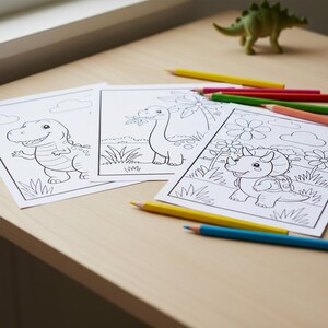 May include: Three dinosaur coloring pages with different dinosaur illustrations, surrounded by colored pencils. A green plastic dinosaur toy is in the background. The coloring pages are on a light brown wooden surface.