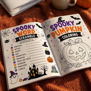 May include: An open activity book featuring a Spooky Word Scramble on the left page and a Spooky Pumpkin Coloring page on the right. The pages include illustrations of ghosts, bats, a haunted house, a jack-o'-lantern, and a candle with candy.