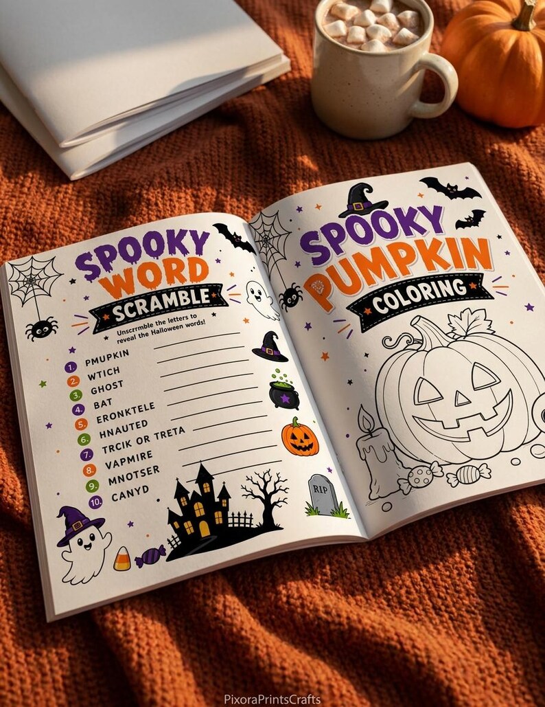 May include: An open activity book featuring a Spooky Word Scramble on the left page and a Spooky Pumpkin Coloring page on the right. The pages include illustrations of ghosts, bats, a haunted house, a jack-o'-lantern, and a candle with candy.
