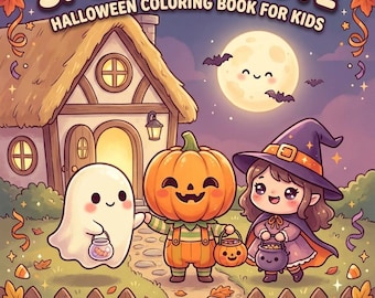 May include: A Halloween coloring book titled SPOOKY & CUTE HALLOWEEN COLORING BOOK FOR KIDS with 150 coloring pages. The cover features a ghost, a pumpkin-headed character, and a witch in front of a house under a full moon, with autumn leaves.