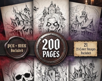 May include: A collection of "Grimdark Horror Coloring Pages" with a "Dark Fantasy & Horror Art Collection" theme. The image features several black and white illustrations of haunted houses, skulls, and eerie figures. The image includes the text "200 PAGES" and "21 Cover Images Included".
