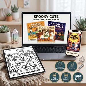 May include: A digital coloring bundle featuring a laptop displaying Spooky Cute Digital Coloring Bundle, a tablet showing interior coloring pages of ghosts, and a smartphone displaying Fluffy Frights covers, with five circular icons indicating file formats.