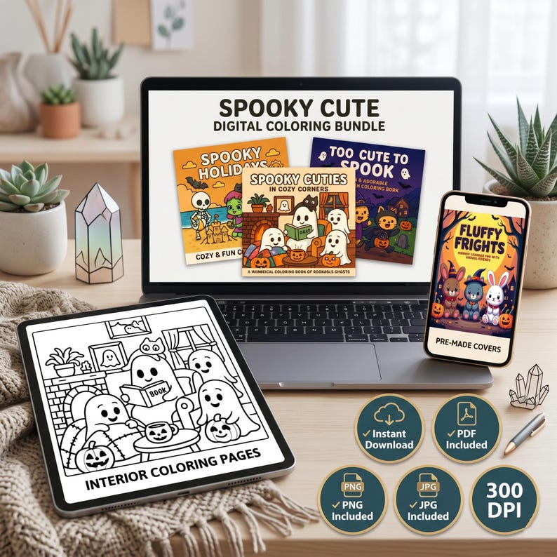 May include: A digital coloring bundle featuring a laptop displaying Spooky Cute Digital Coloring Bundle, a tablet showing interior coloring pages of ghosts, and a smartphone displaying Fluffy Frights covers, with five circular icons indicating file formats.