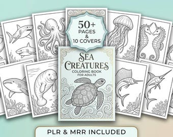 Malbuch mit Meerestieren für Erwachsene, Ozeantiere, druckbare Seiten (PLR MRR)