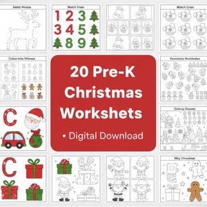 May include: A collection of 20 Pre-K Christmas worksheets, featuring various activities like matching, coloring, and tracing. The worksheets include festive images of Santa, reindeer, and Christmas trees, perfect for digital download.