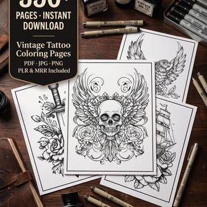 350+ Vintage Tattoo Coloring Pages, Retro Art, Black White Printable, PLR and MRR included