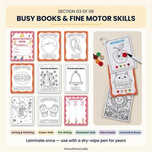 Peut inclure: Une collection de feuilles d'activit&eacute;s &eacute;ducatives intitul&eacute;e Busy Books & Fine Motor Skills. Les feuilles pr&eacute;sentent des dessins au trait noir et blanc de parties du corps, de chiffres et d'objets comme un bonhomme de neige, une cloche et une pomme.