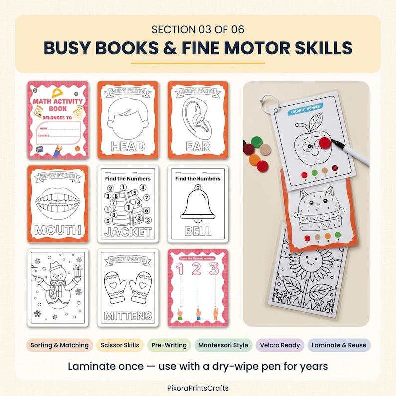 Peut inclure: Une collection de feuilles d'activit&eacute;s &eacute;ducatives intitul&eacute;e Busy Books & Fine Motor Skills. Les feuilles pr&eacute;sentent des dessins au trait noir et blanc de parties du corps, de chiffres et d'objets comme un bonhomme de neige, une cloche et une pomme.