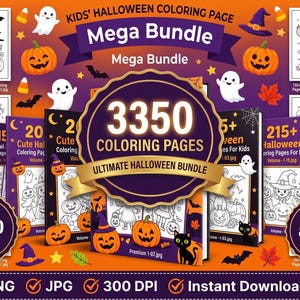 Pode incluir: Um pacote digital de páginas para colorir de Halloween com 3350 páginas em formatos PDF, PNG e JPG a 300 DPI. A coleção inclui várias ilustrações em preto e branco de bruxas, fantasmas, abóboras e gatos, com medidas de 21,59 x 27,94 cm.