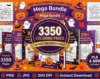 May include: A digital Halloween coloring page mega bundle featuring 3350 pages in PDF, PNG, and JPG formats at 300 DPI. The collection includes various black and white illustrations of witches, ghosts, pumpkins, and cats, with 8.5 x 11 inch dimensions.