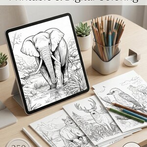 May include: A tablet displaying a digital coloring book with an elephant illustration. Several printed coloring pages with animal designs, along with colored pencils, are arranged on a wooden surface. The image includes the text "Printable & Digital Coloring", "250 Pages" and "300 DPI".