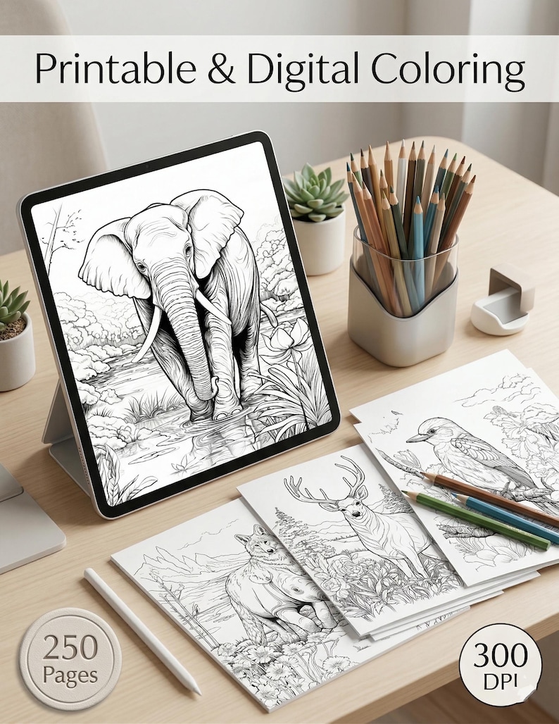 May include: A tablet displaying a digital coloring book with an elephant illustration. Several printed coloring pages with animal designs, along with colored pencils, are arranged on a wooden surface. The image includes the text "Printable & Digital Coloring", "250 Pages" and "300 DPI".