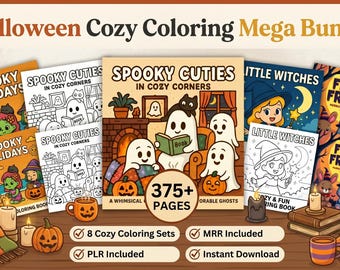 May include: A Halloween coloring book bundle featuring eight sets with titles including Spooky Holidays, Spooky Cuties in Cozy Corners, Little Witches, and Fluffy Frights. The collection contains over 375 pages of illustrations with ghosts, pumpkins, and witches.