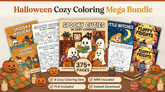 Cozy Halloween Coloring Pages Mega Bundle, 375+ Pages, 8 Sets PLR MRR Included (Digital Download)