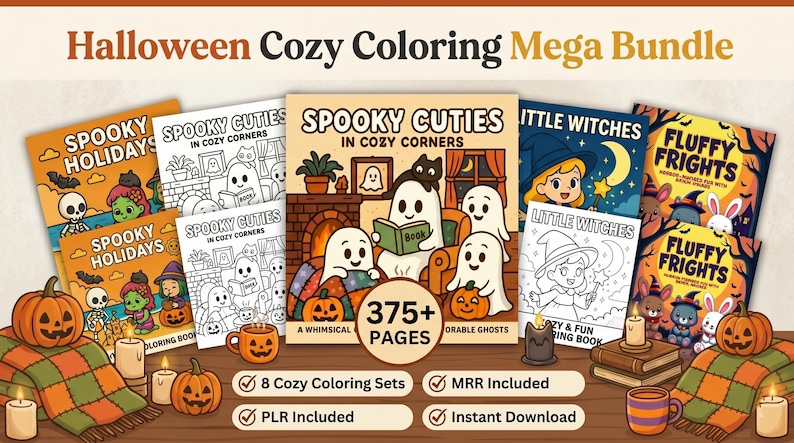 Halloween Cozy Coloring Mega Bundle, 375+ Cozy Halloween Coloring Pages, 8 Coloring Books, Adult & Kids Coloring Bundle, PLR MRR Included