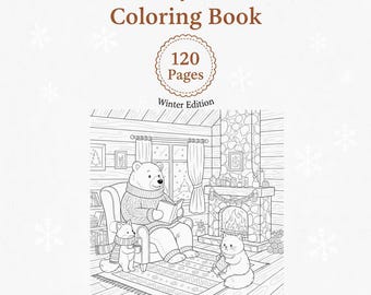 May include: A coloring book titled "Cozyville Coloring Book Winter Edition" with 120 pages. The cover features a cozy winter scene with a bear reading a book, two cats, and a fireplace.