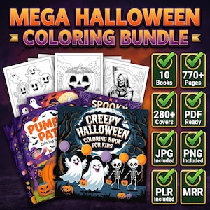 May include: A Mega Halloween Coloring Bundle featuring multiple books with spooky illustrations of ghosts, pumpkins, and skeletons. The set includes 10 books, 770+ pages, 280+ covers, and files in PDF, JPG, and PNG formats with PLR and MRR rights included.
