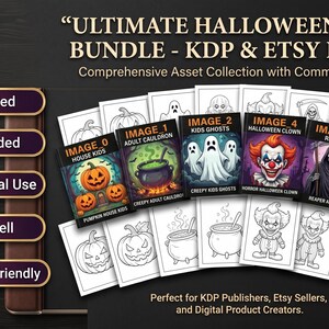 May include: A digital asset bundle featuring Halloween-themed coloring pages with text labels like ULTIMATE HALLOWEEN ASSET BUNDLE, PLR Included, MRR Included, Commercial Use, Ready to Sell, and Publisher Friendly, showcasing pumpkins, ghosts, and clowns.